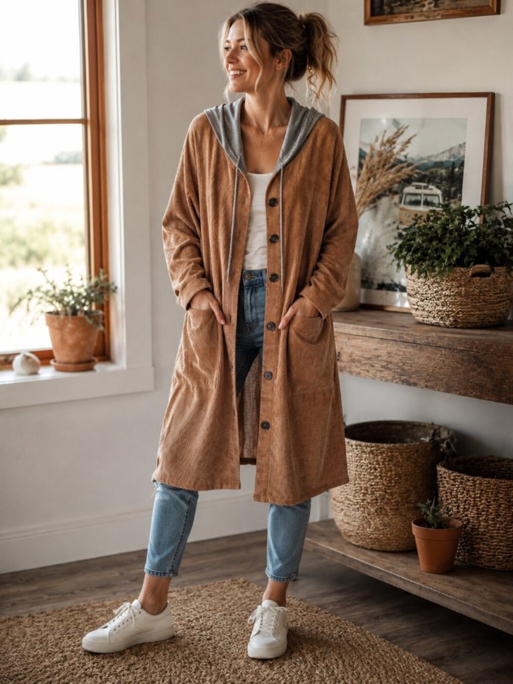 HYFVE Womens Corduroy Hooded Duster Cardigan Jacket Brown Size S